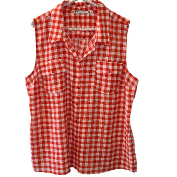 Notations Tops - Orange and White Gingham Button-up Sleeveless Blouse - Notations - XL EUC